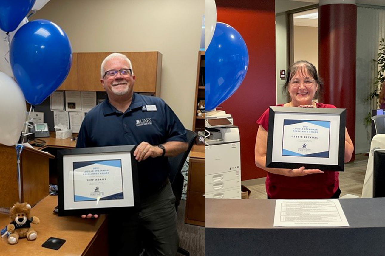 Adams, left, and Beckman accept their awards ahead of the Virtual USC All Staff meeting.