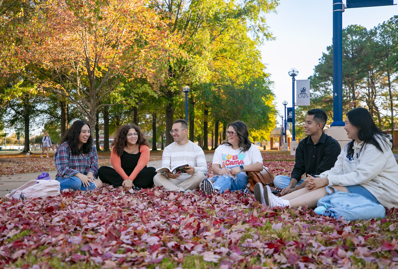 Students chat on the lawn at UAFS in the fall. 