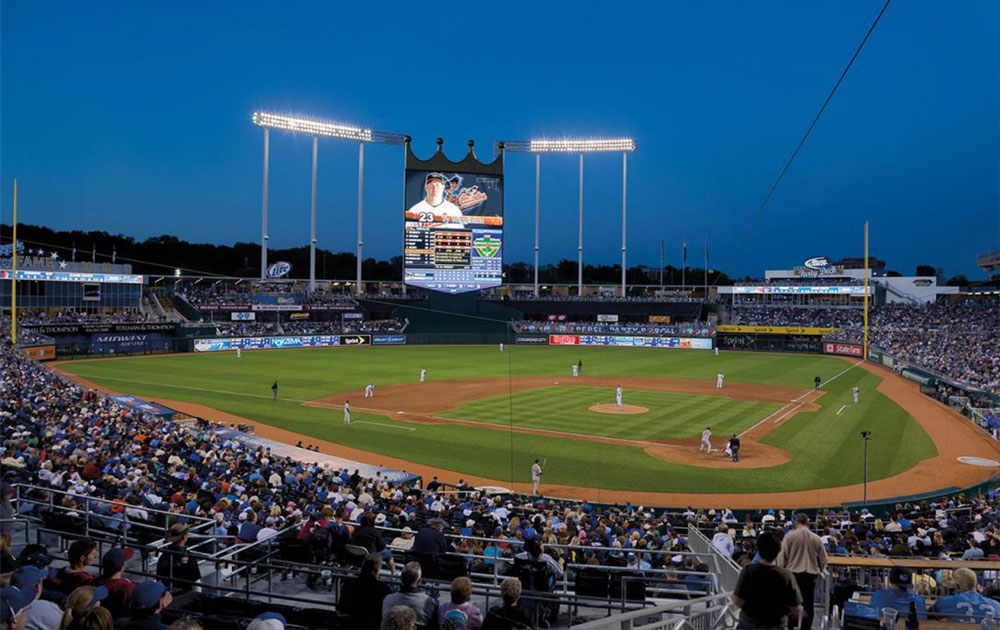 Kauffman Stadium, where MLB's Kansas City Royals play, under the lights