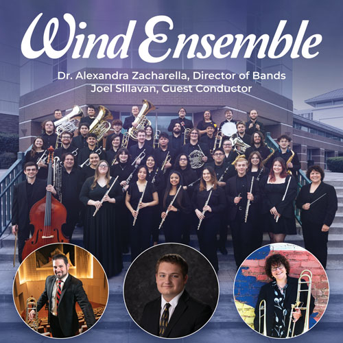 Members of the wind ensemble stand on steps outside of Performing Arts Center